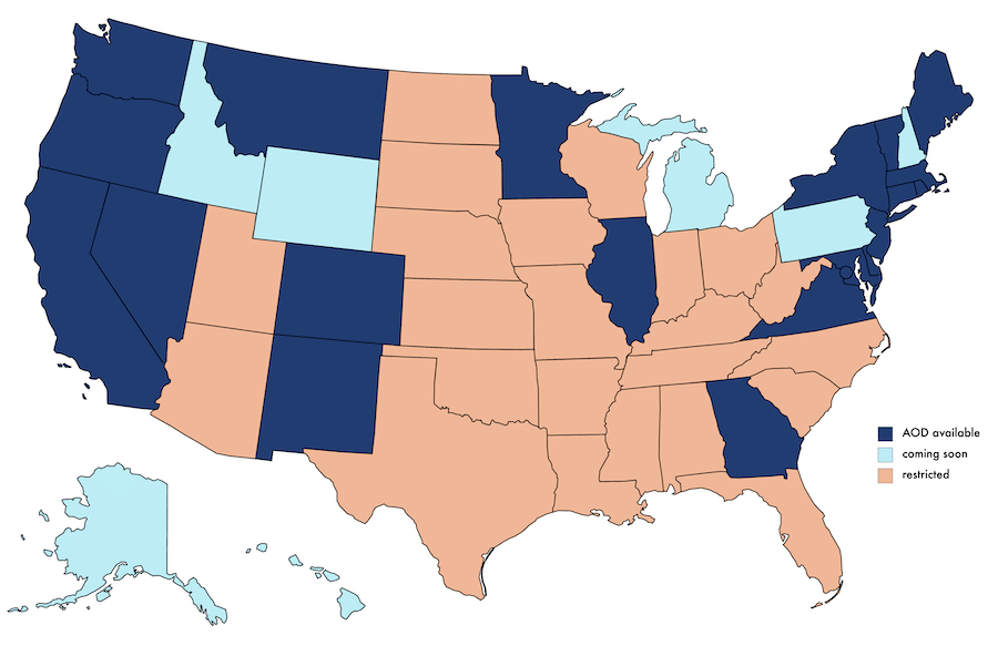 Map of states where Abortion on Demand is available